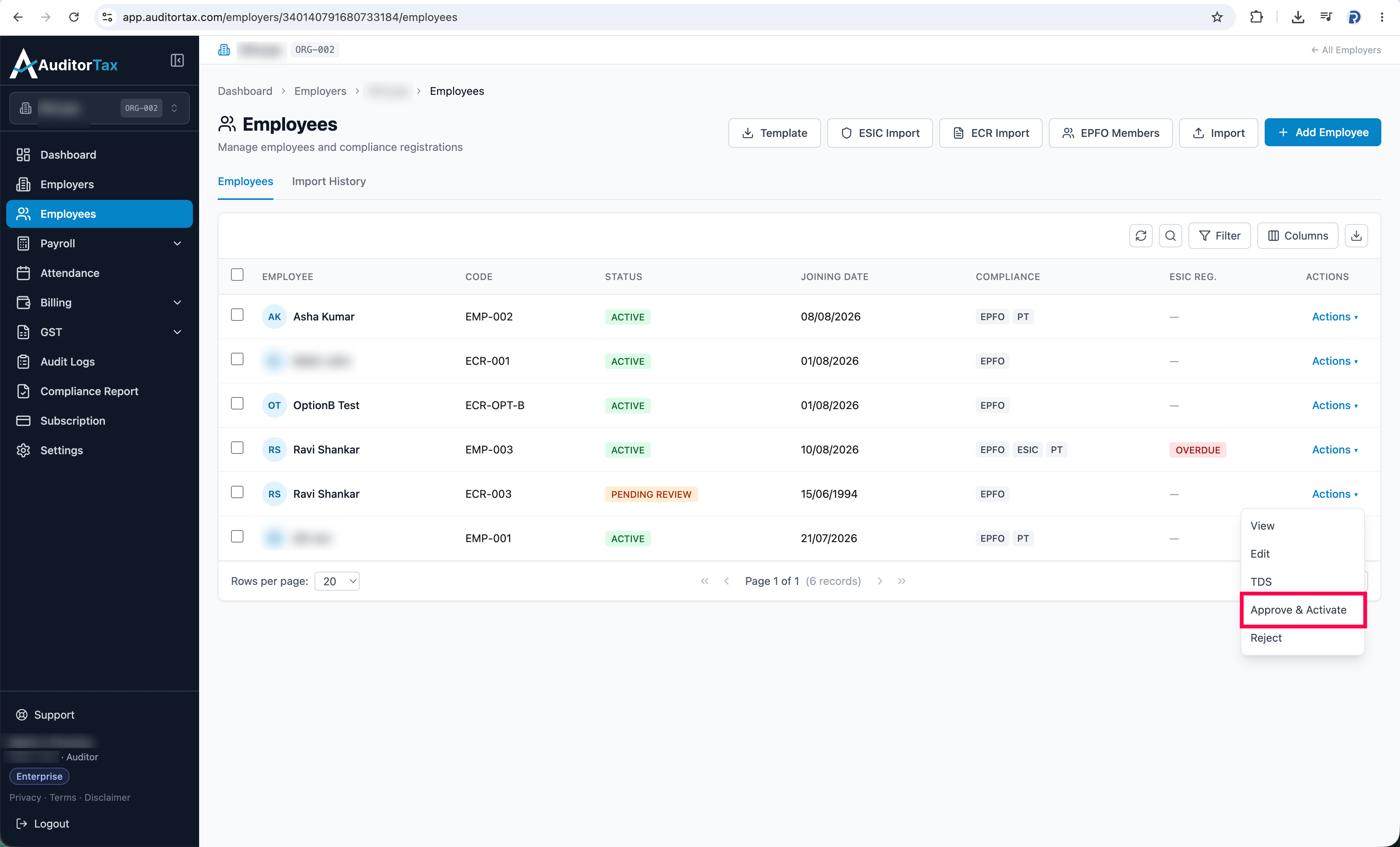 Employees list showing the newly imported employee with status PENDING REVIEW