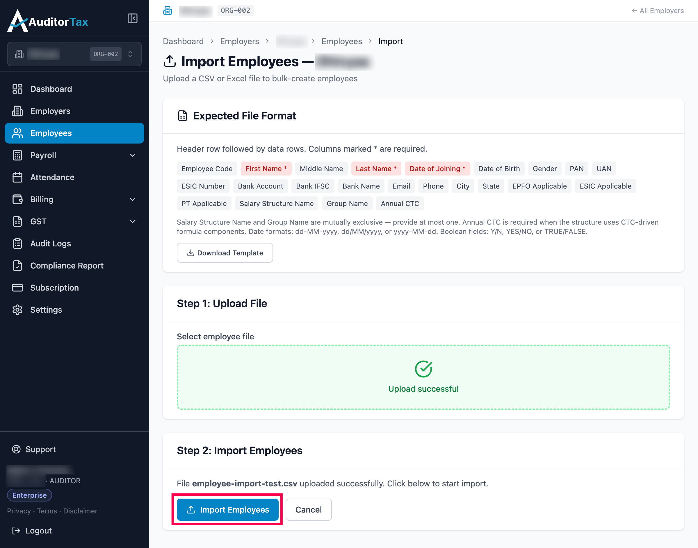 Import Employees button click