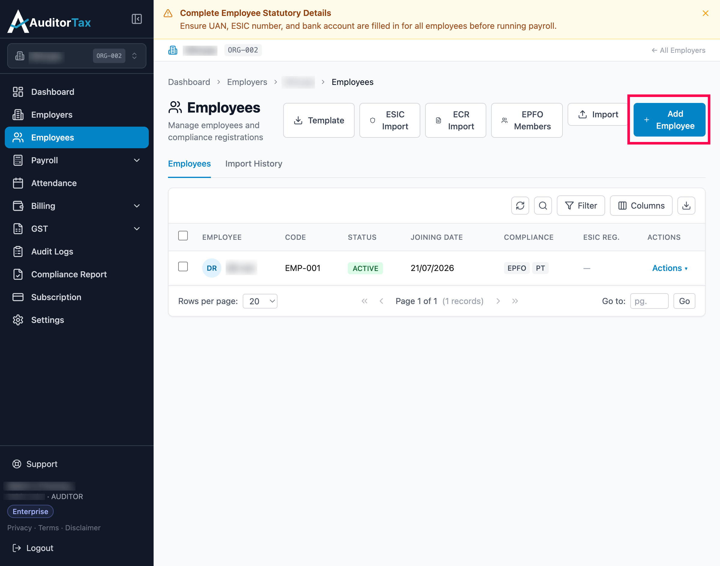 Add Employee button