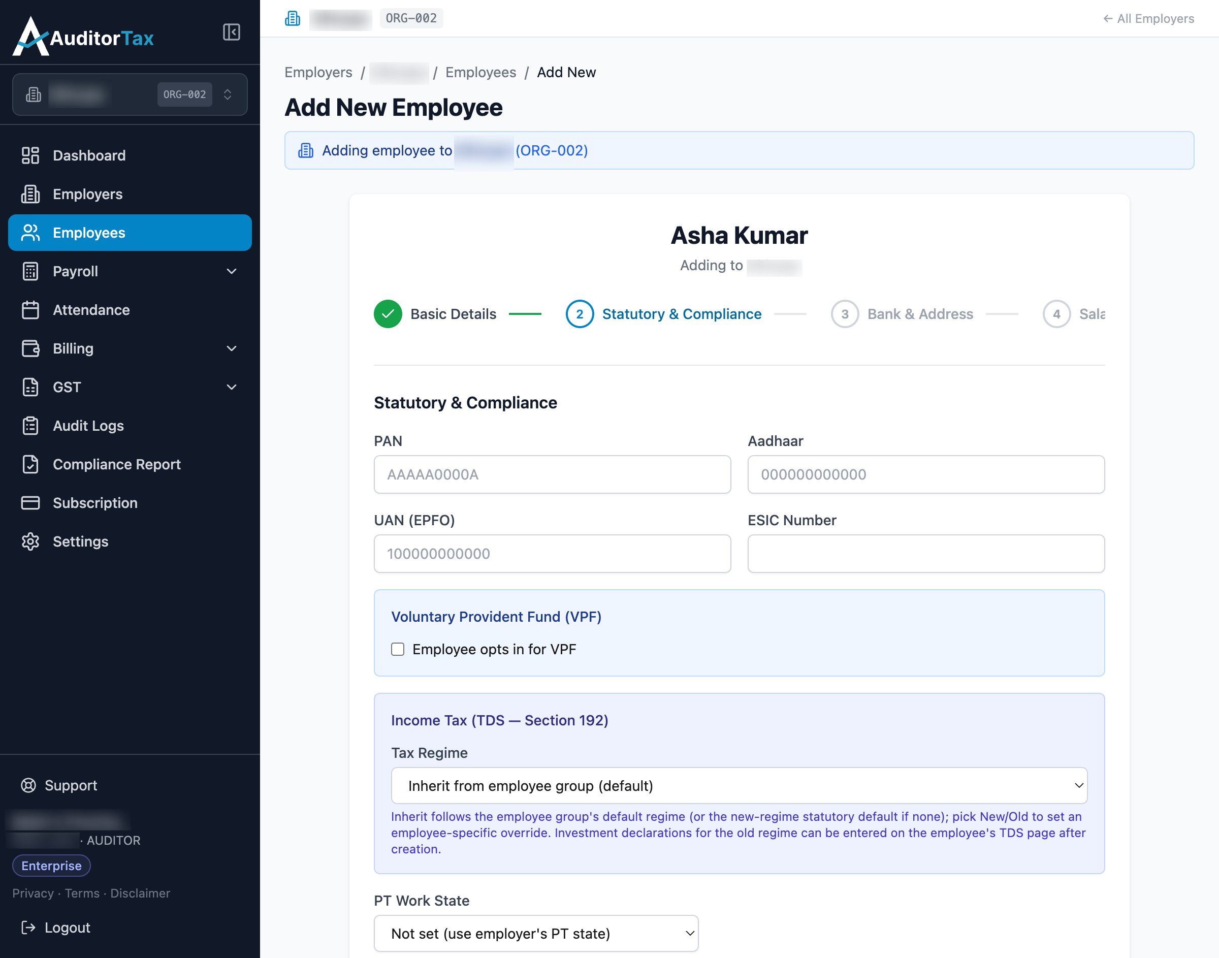 Add Employee form, step 2: Statutory and Compliance, all fields optional
