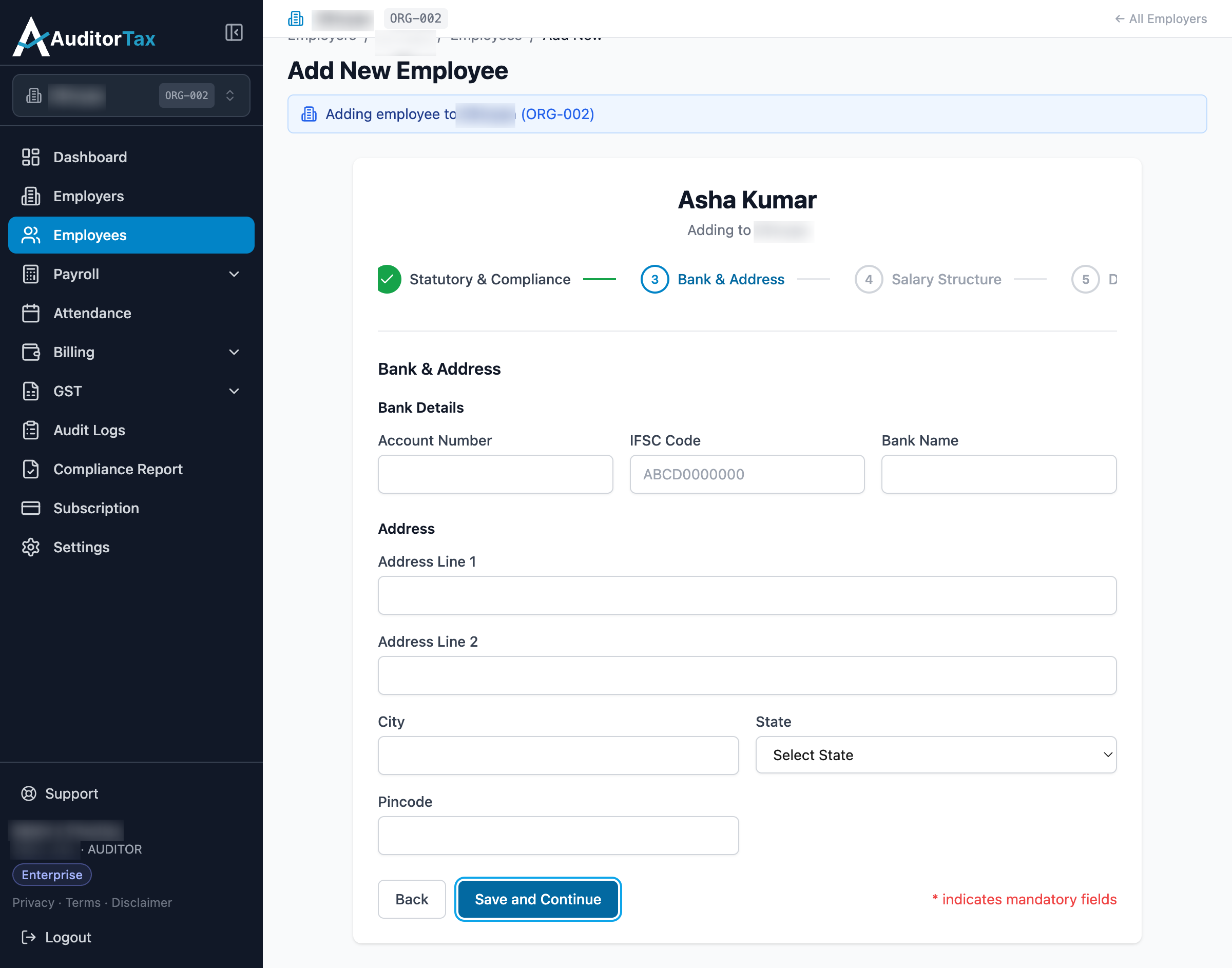 Add Employee form, step 3: Bank and Address, all fields optional