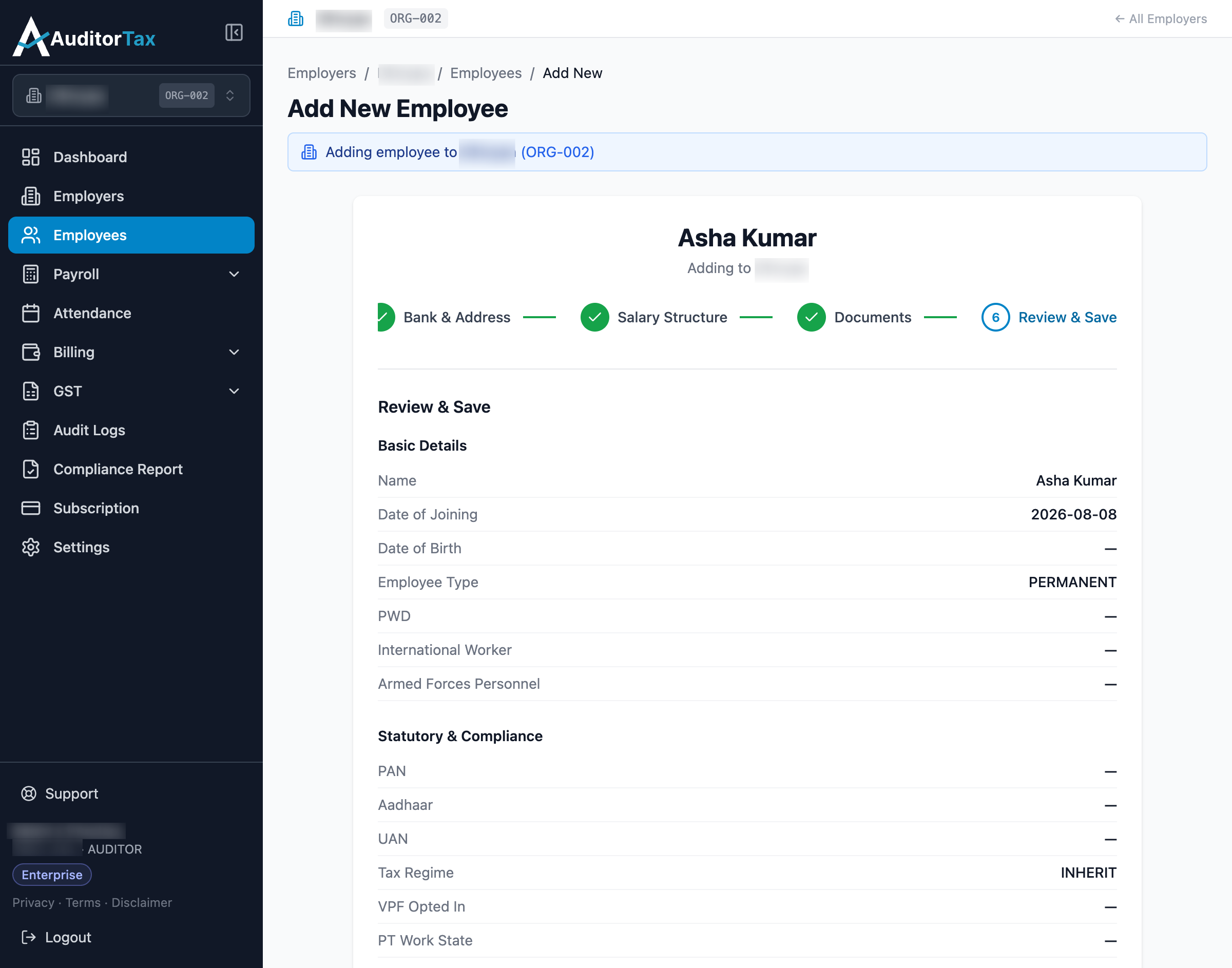 Add Employee form, step 6: Review and Save, showing a summary of entered fields including Annual CTC