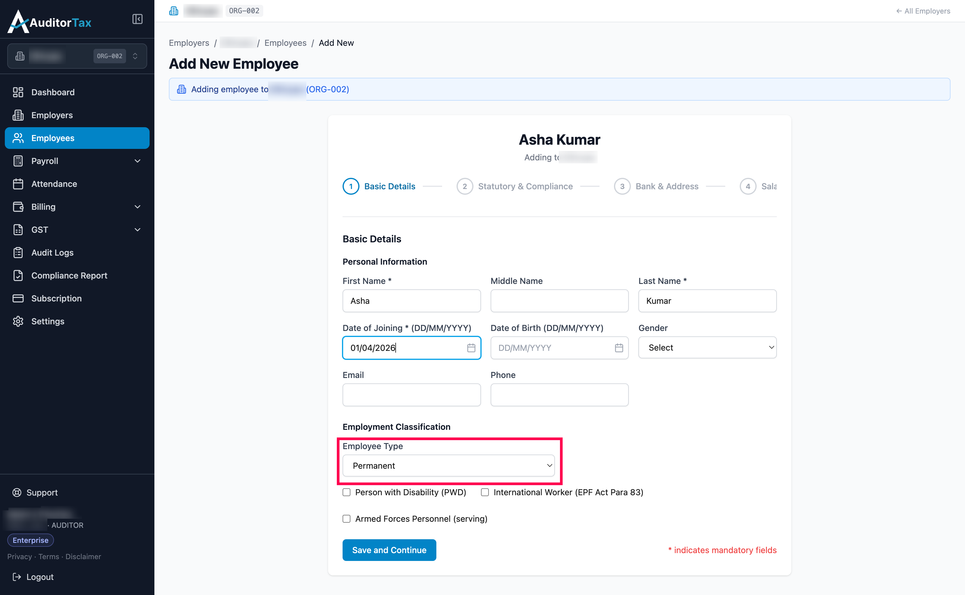 Add Employee form, Employment Classification section in its default state: Employee Type set to Permanent, no checkboxes ticked