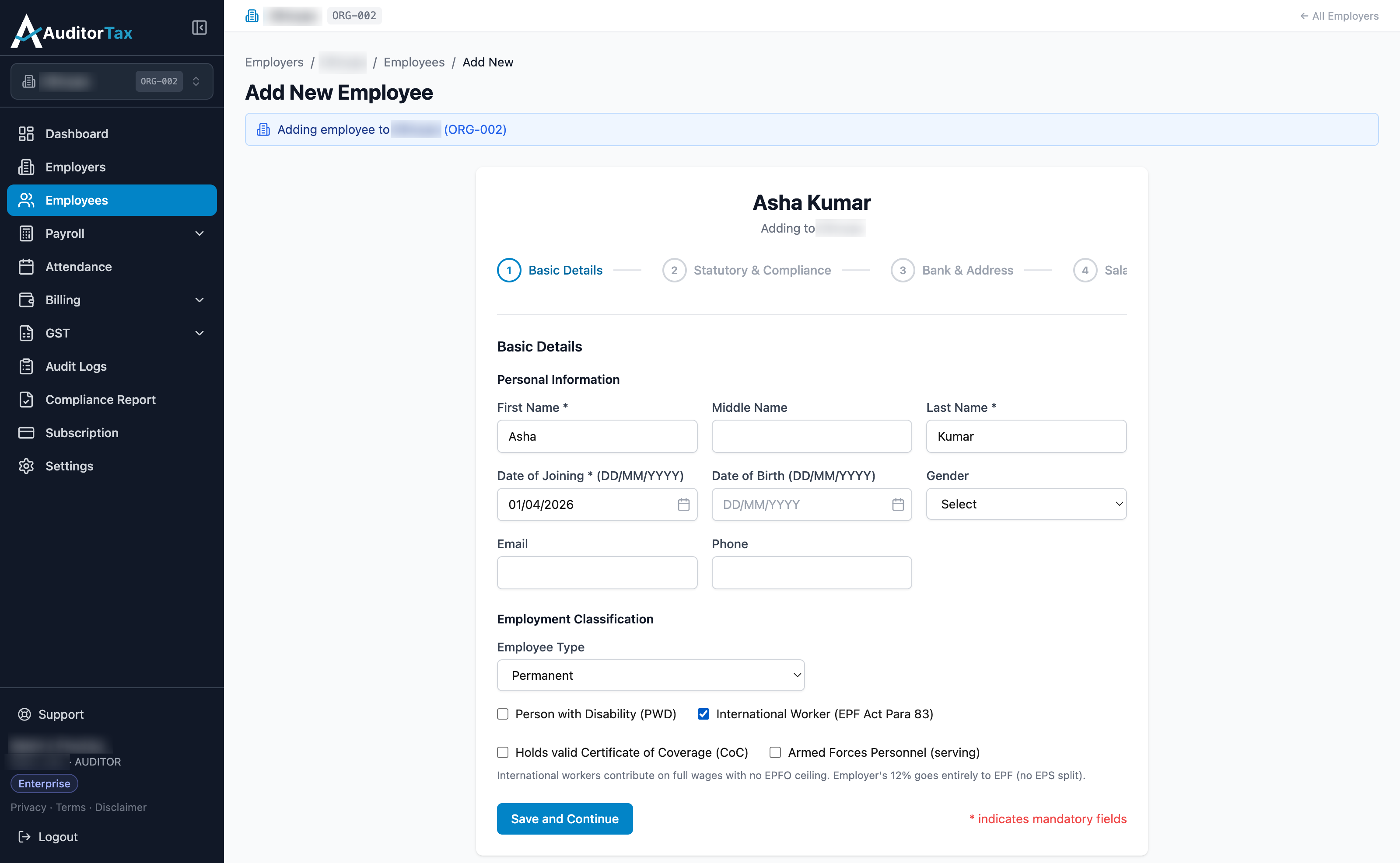 International Worker checkbox ticked without CoC, showing the on-screen note: International workers contribute on full wages with no EPFO ceiling. Employer's 12% goes entirely to EPF (no EPS split)