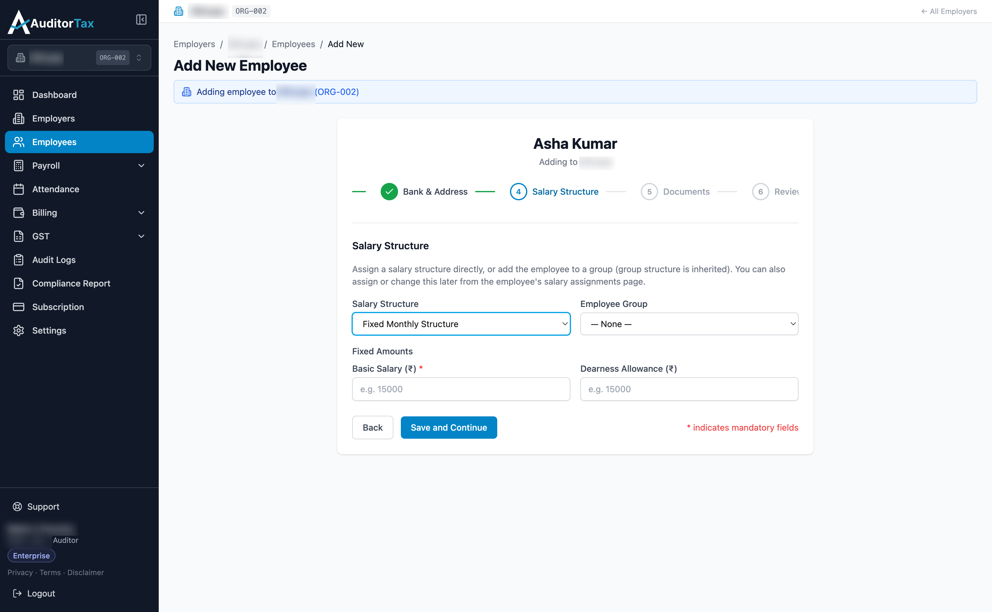 Add Employee form, Salary Structure step with Fixed Monthly Structure selected, showing Fixed Amounts fields for Basic Salary and Dearness Allowance instead of an Annual CTC field