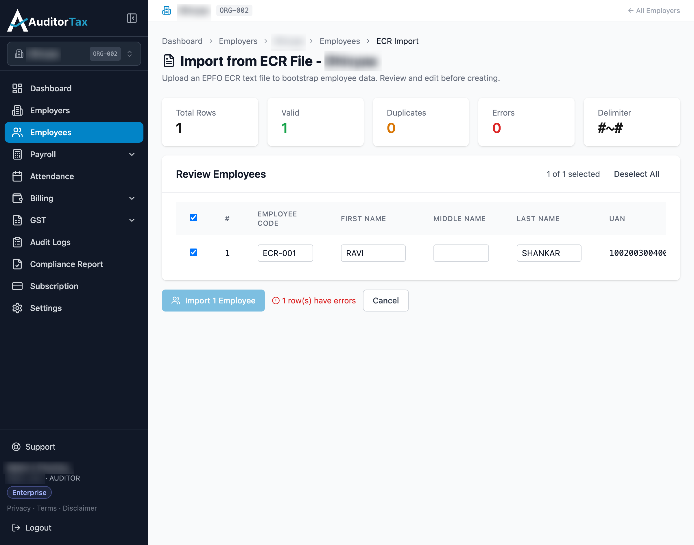 ECR Import Review Employees screen with parsed fields and an empty required Date of Joining field
