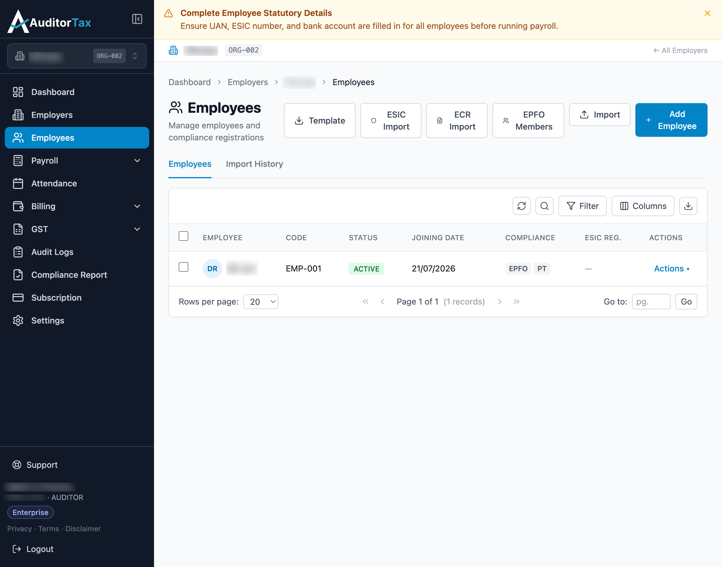 Employees list page showing an existing employee and the Edit Employee button