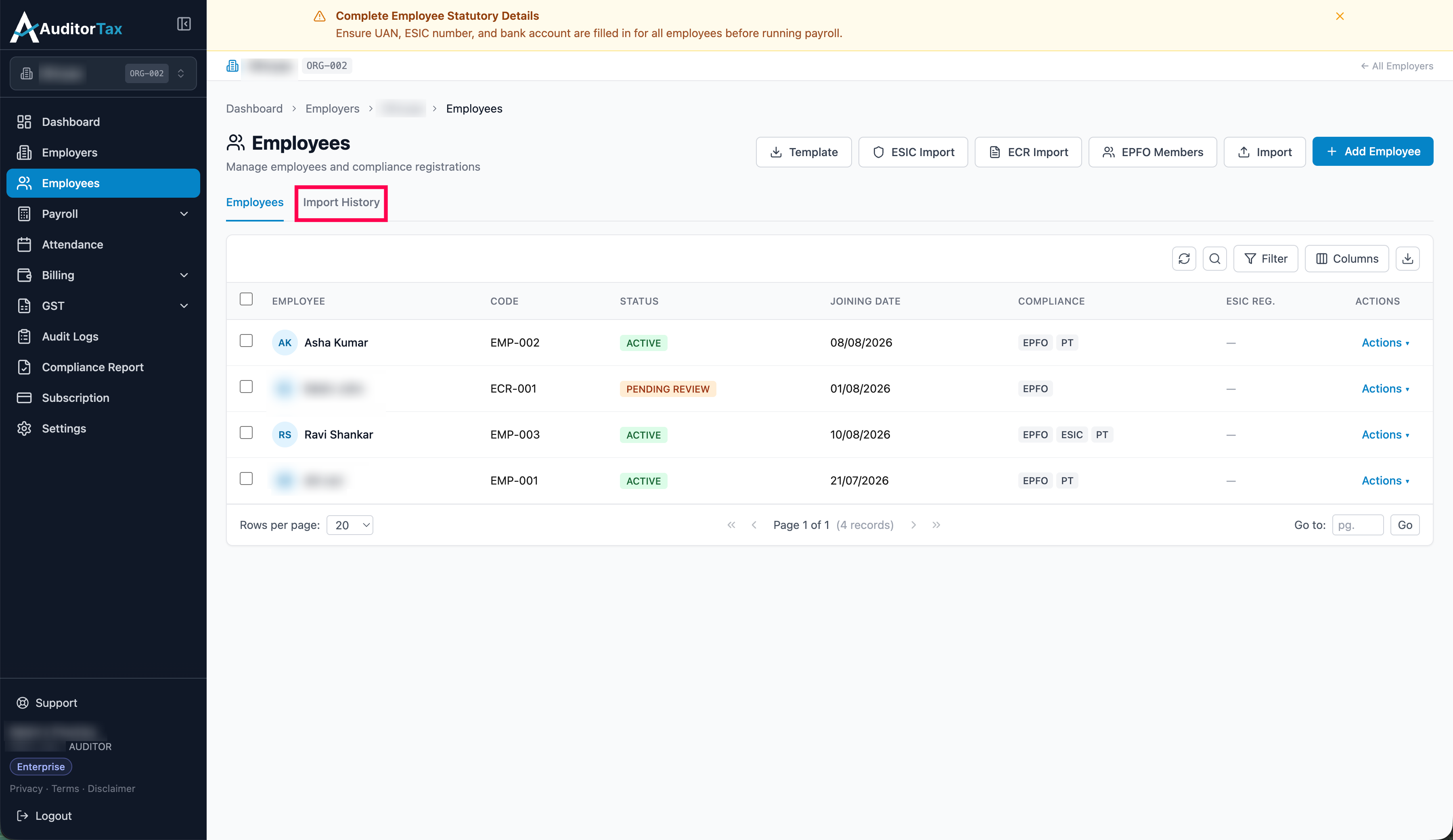 Import History tab button