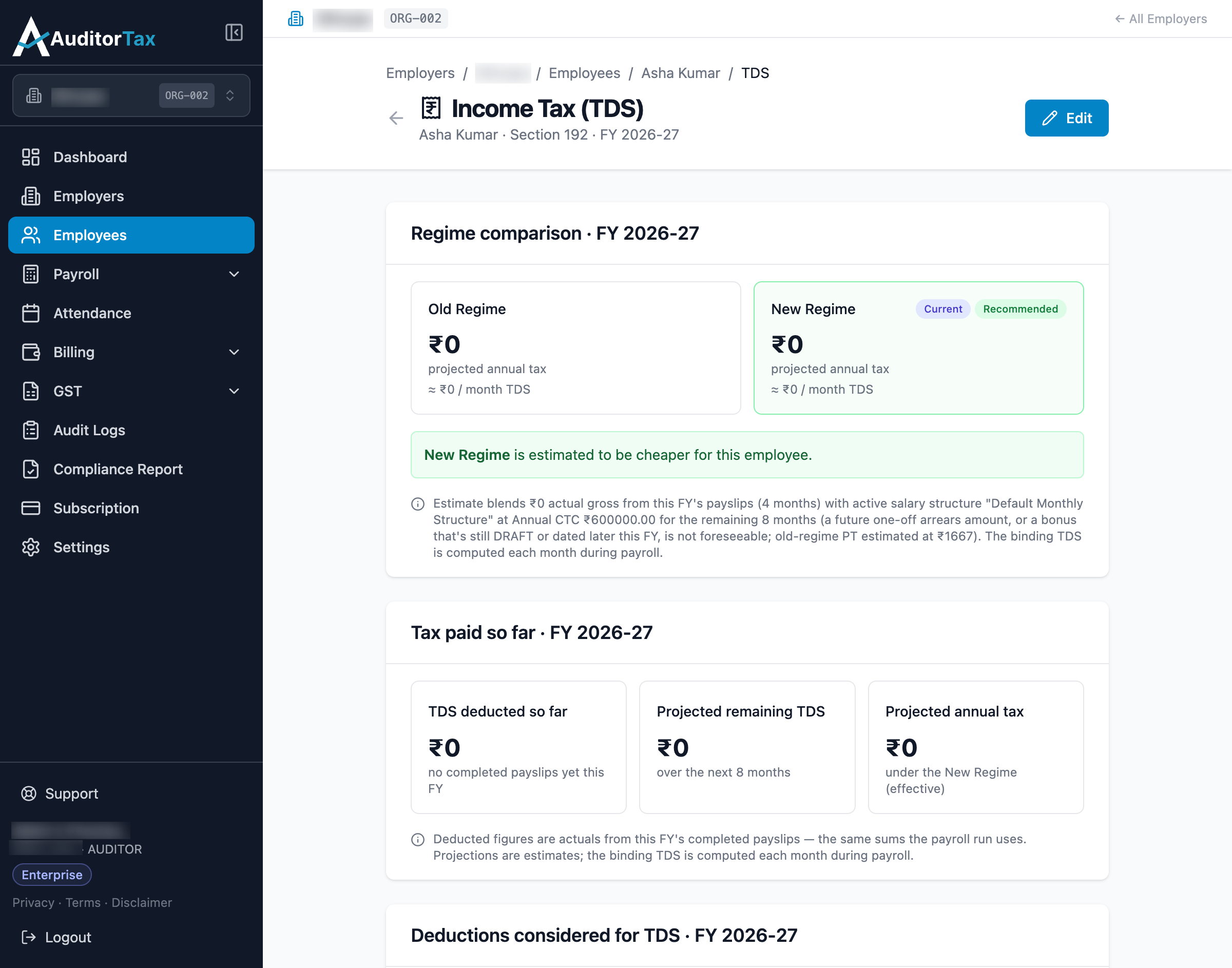 Employee Income Tax (TDS) page showing Old vs New regime comparison, tax paid so far, and deductions considered