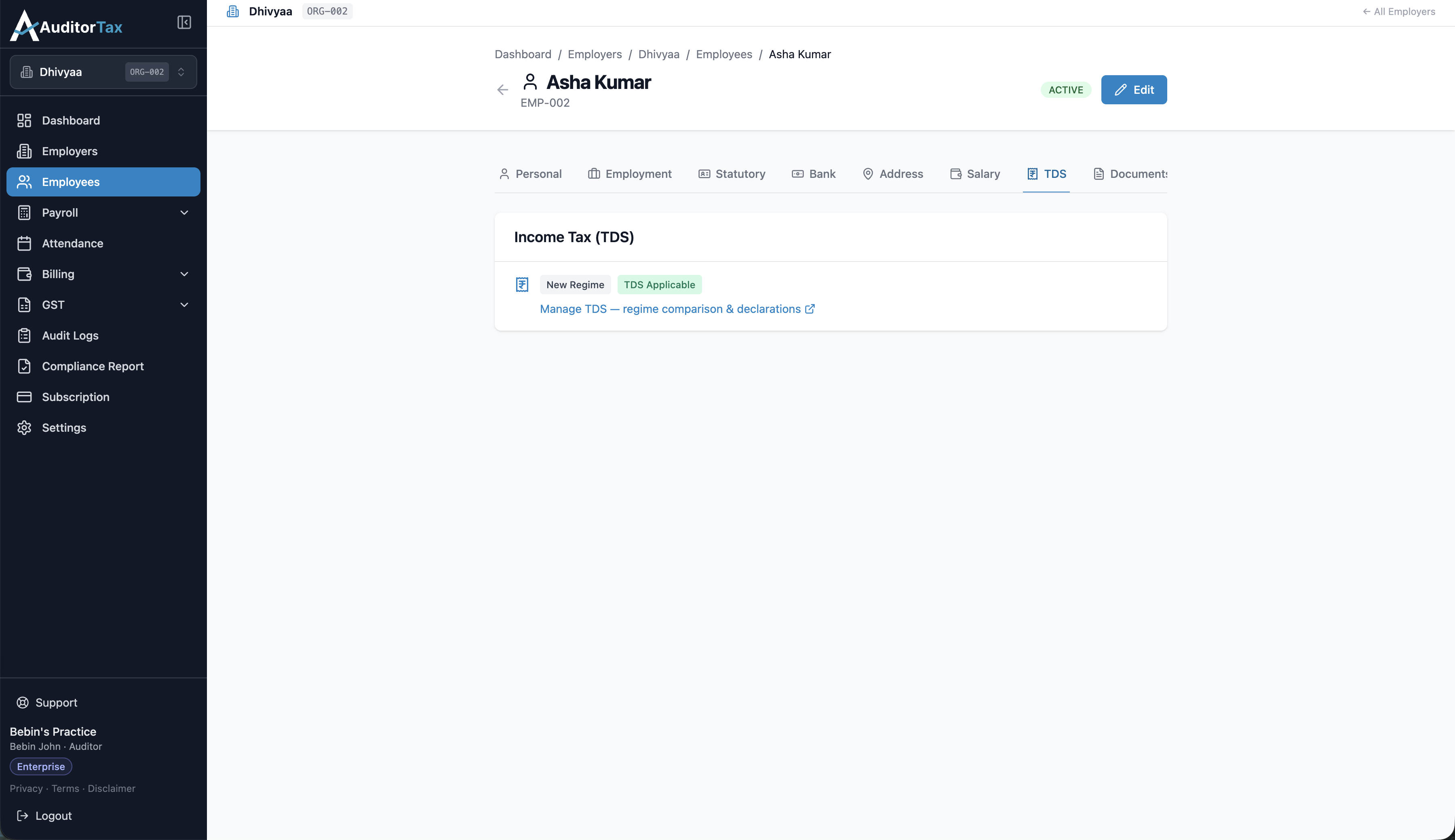 Employee detail page with TDS section in edit mode