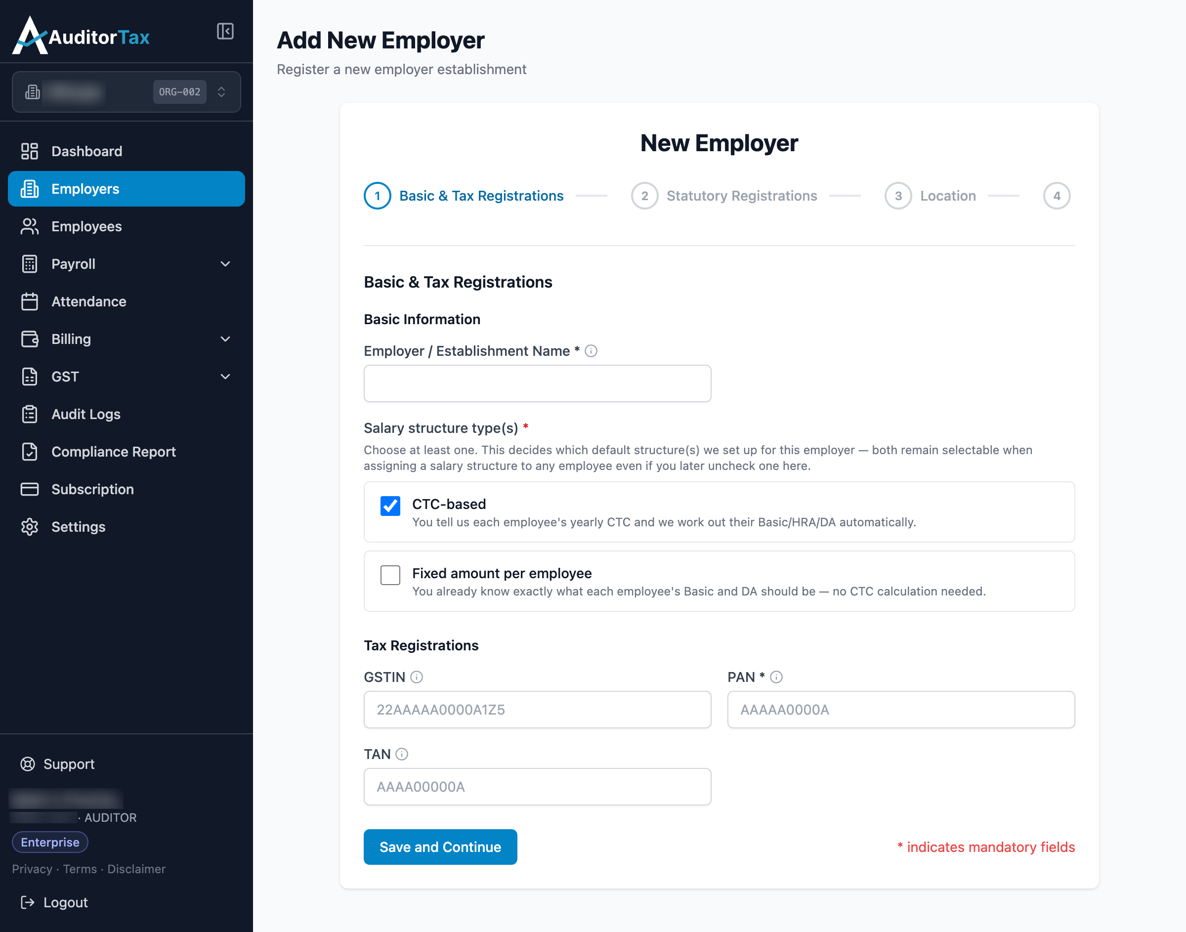 Add Employer form, step 1: Basic and Tax Registrations, with name and PAN fields