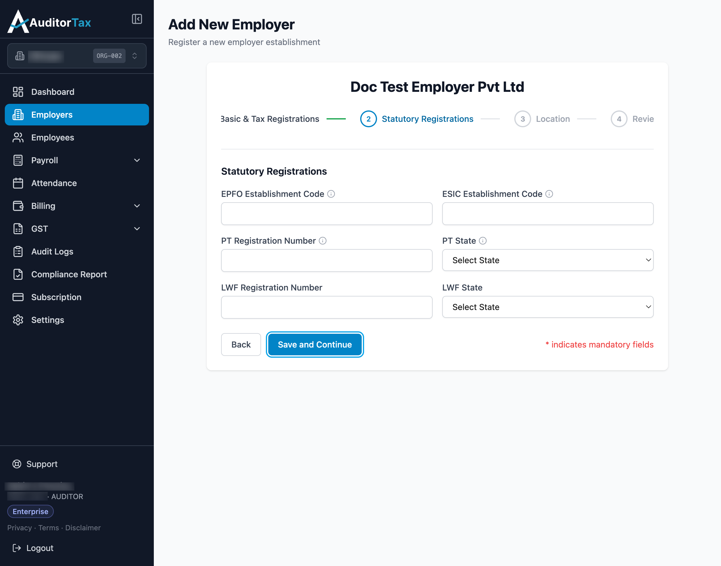 Add Employer form, step 2: Statutory Registrations, all fields optional