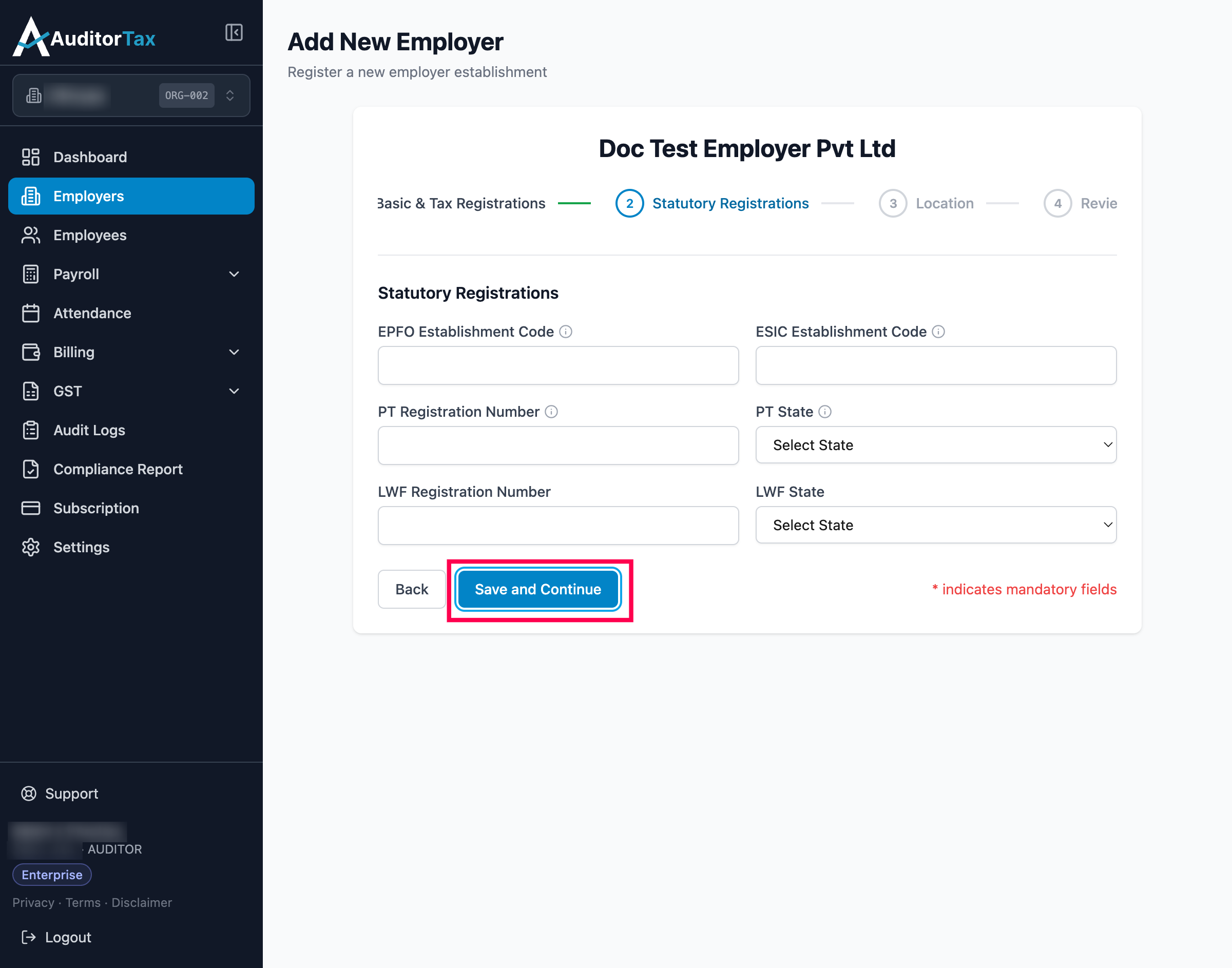 Add Employer form, step 2: Save and Continue