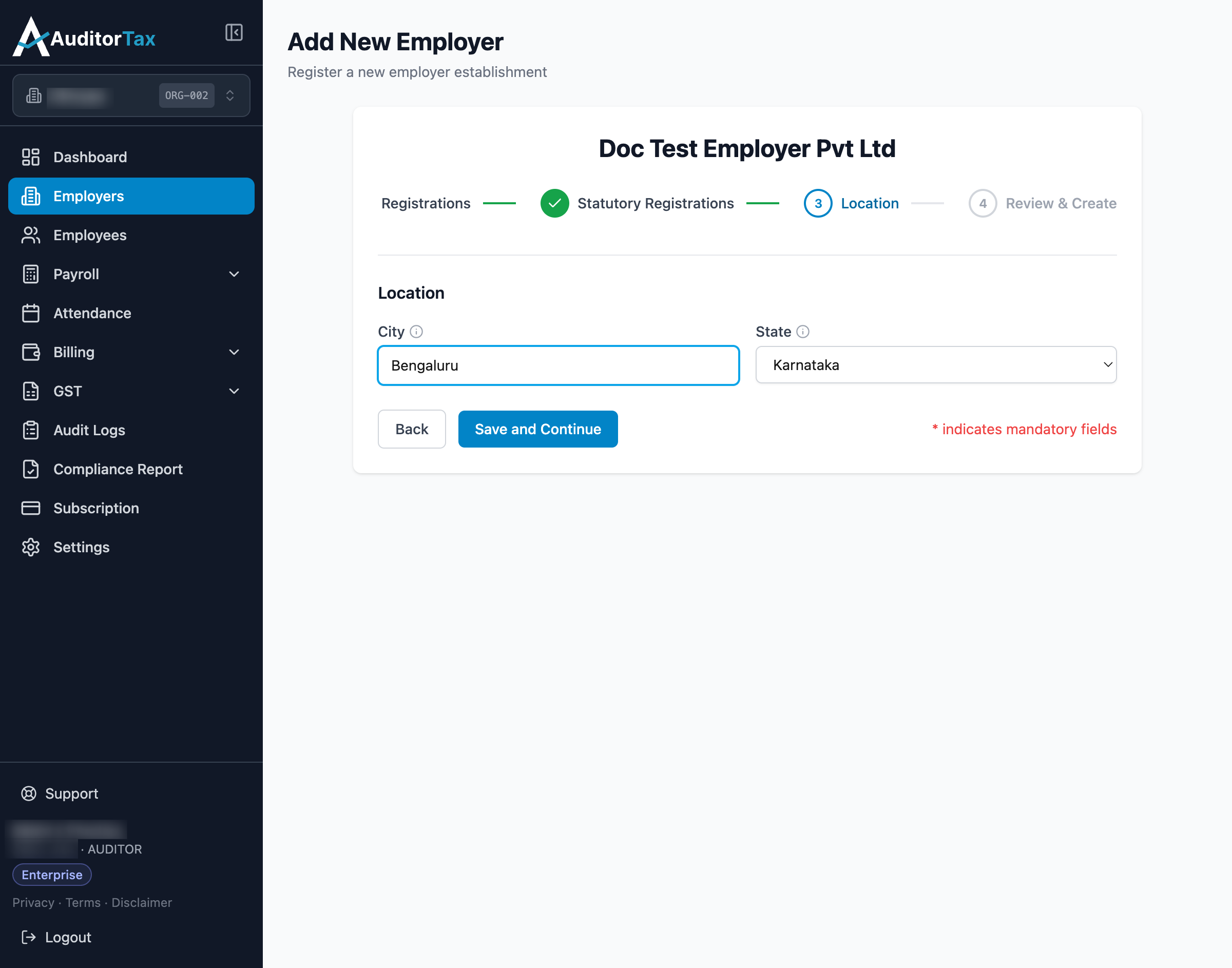Add Employer form, step 3: Location, with City and State filled in