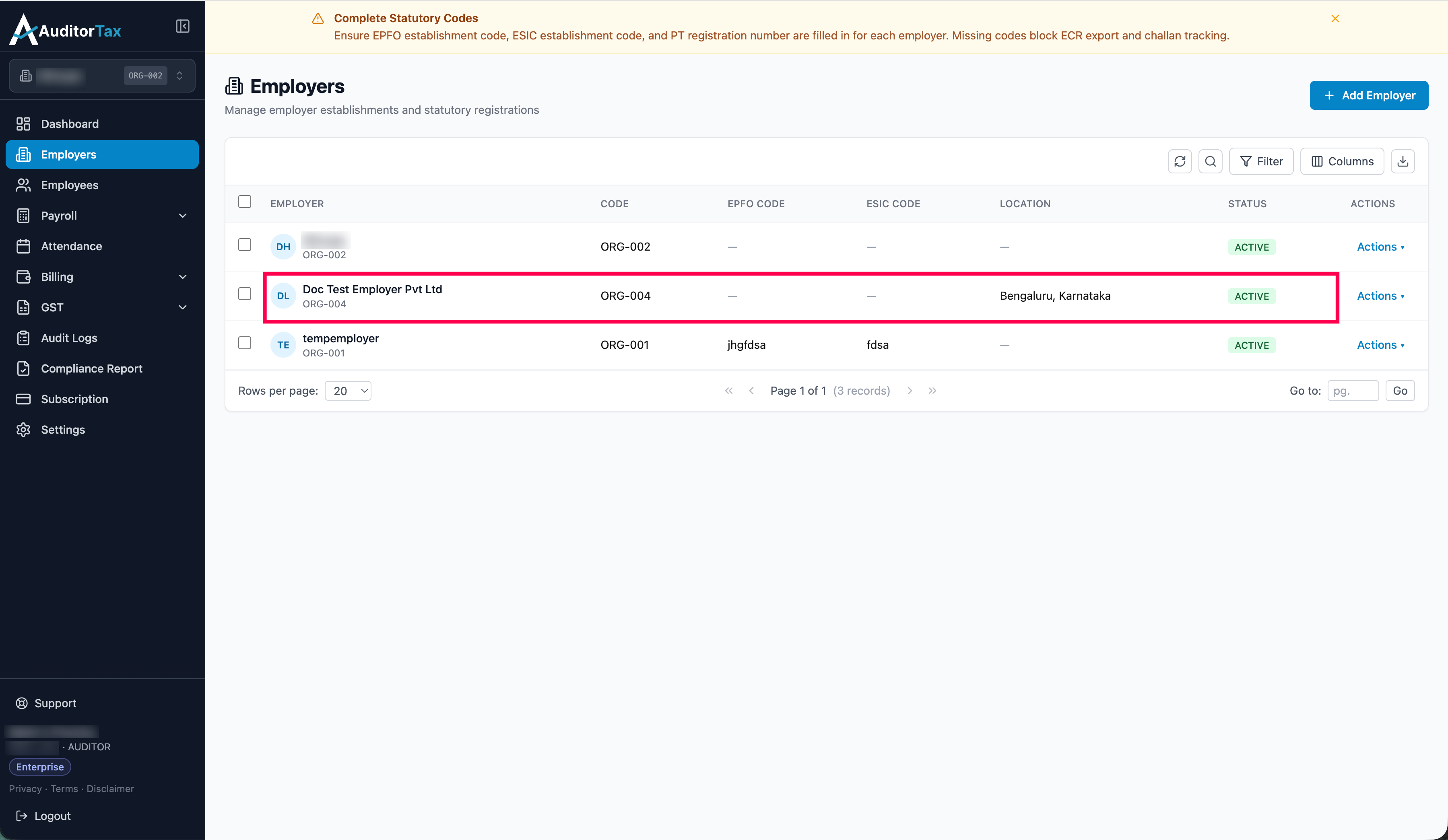 Employers list page showing existing employers, Edit Employer
