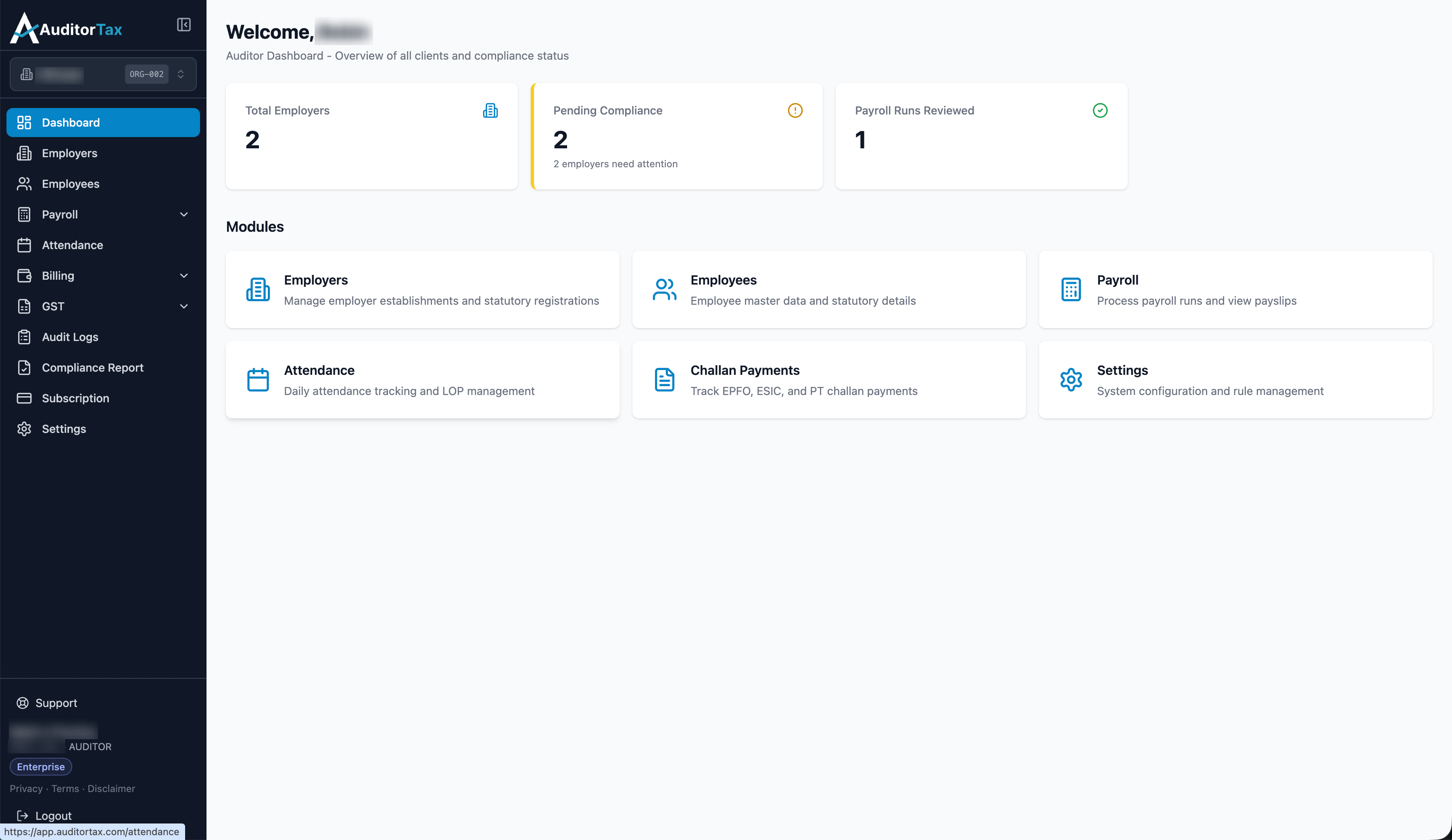 AuditorTax Dashboard showing Total Employers, Pending Compliance, and Payroll Runs Reviewed cards, and a Modules section below