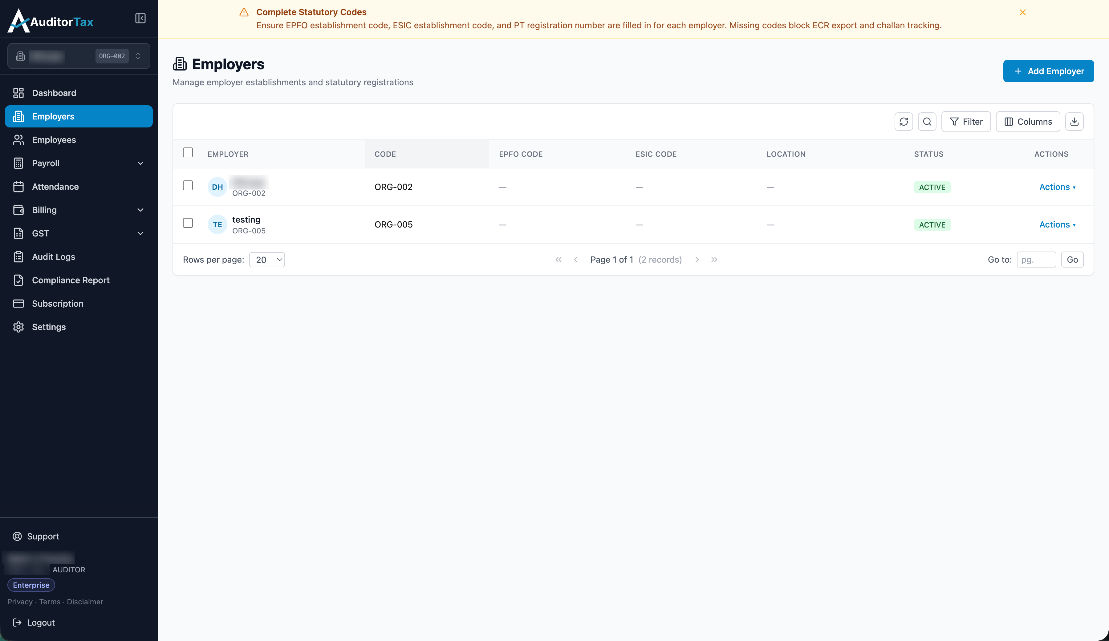 Total Employers page