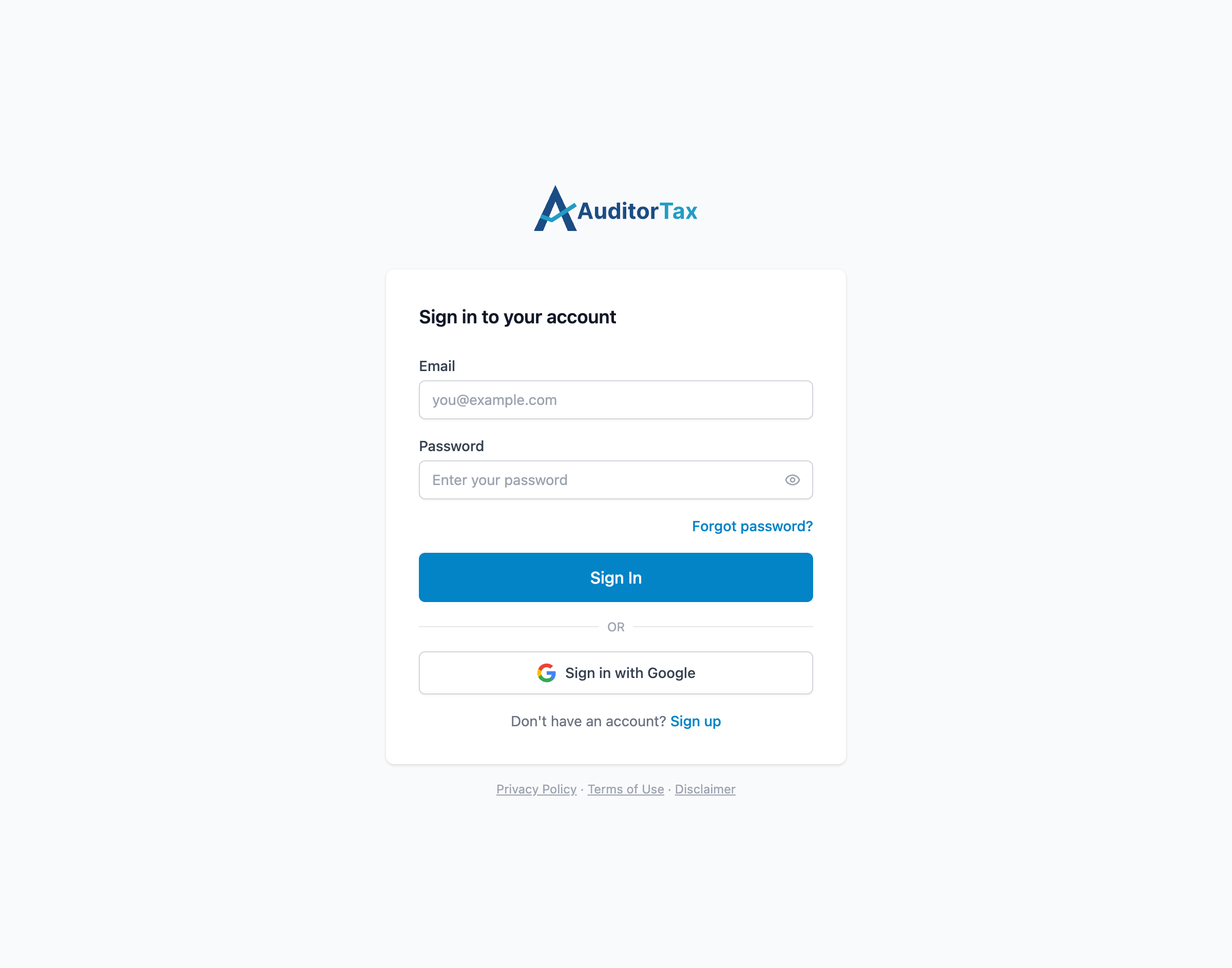 AuditorTax Sign in to your account page, with Email and Password fields, a Sign In button, and a Sign in with Google option