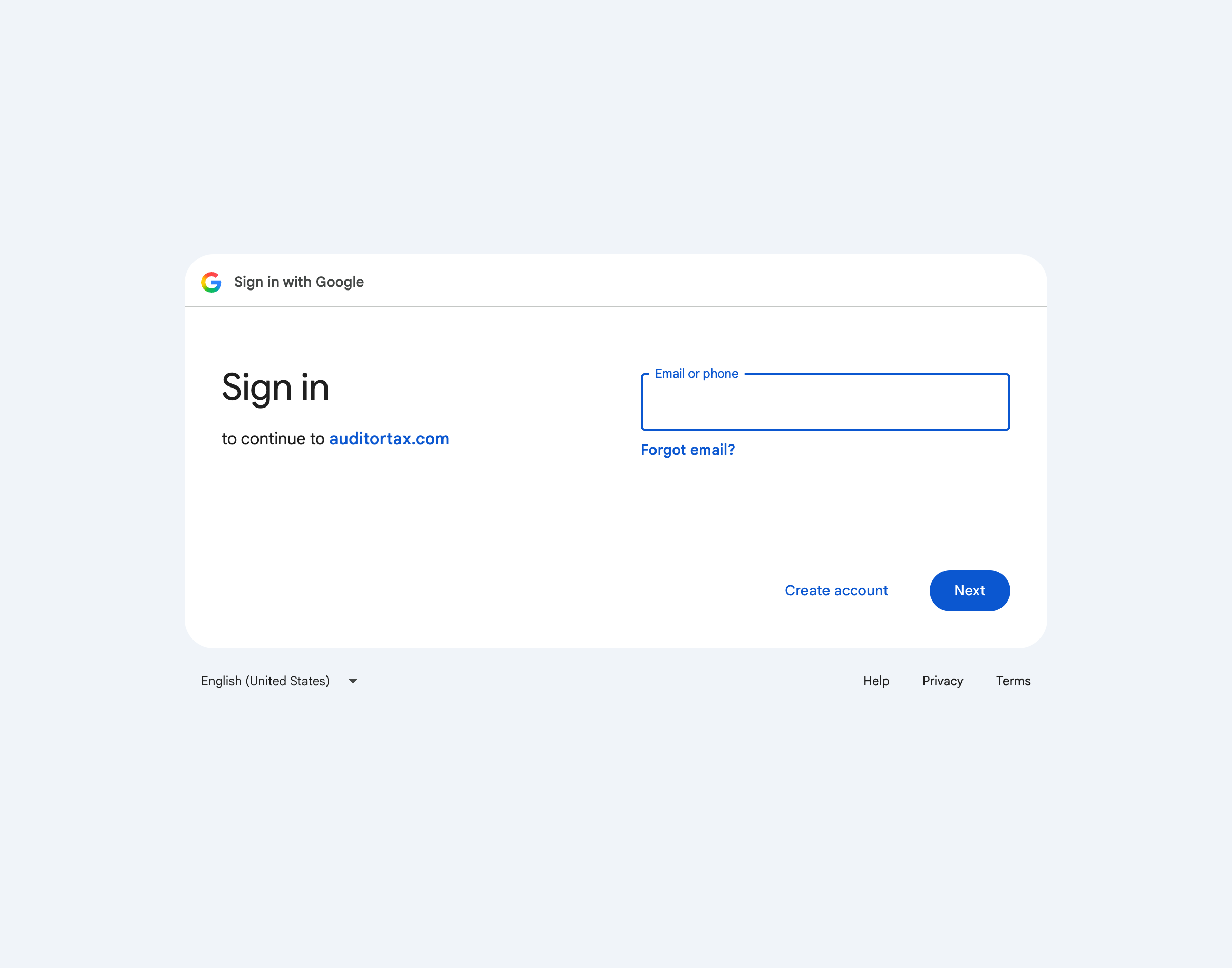 Google's own Sign in page, showing "to continue to auditortax.com" and an email/phone field