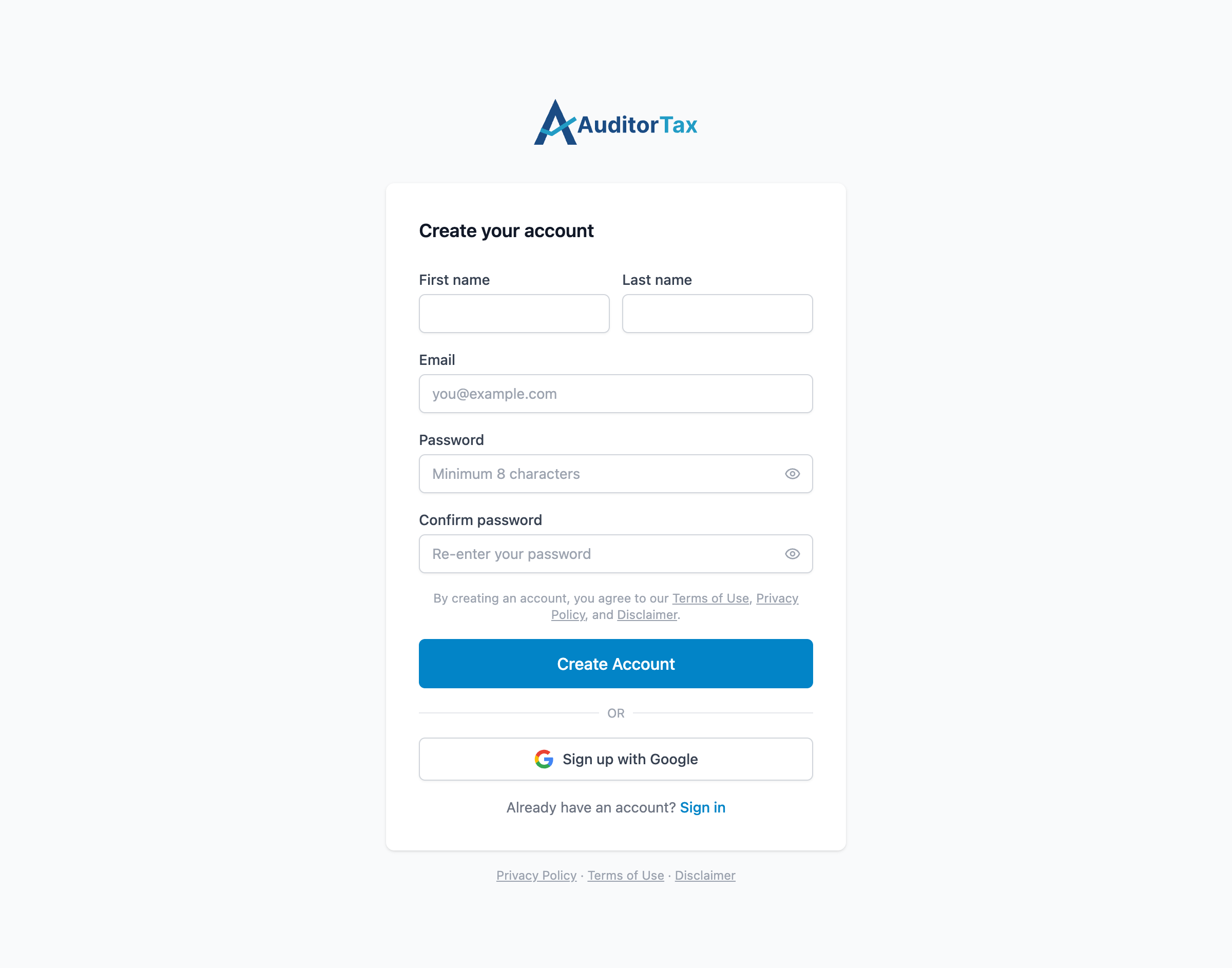 AuditorTax Create your account page, with First name, Last name, Email, Password, and Confirm password fields, and a Create Account button