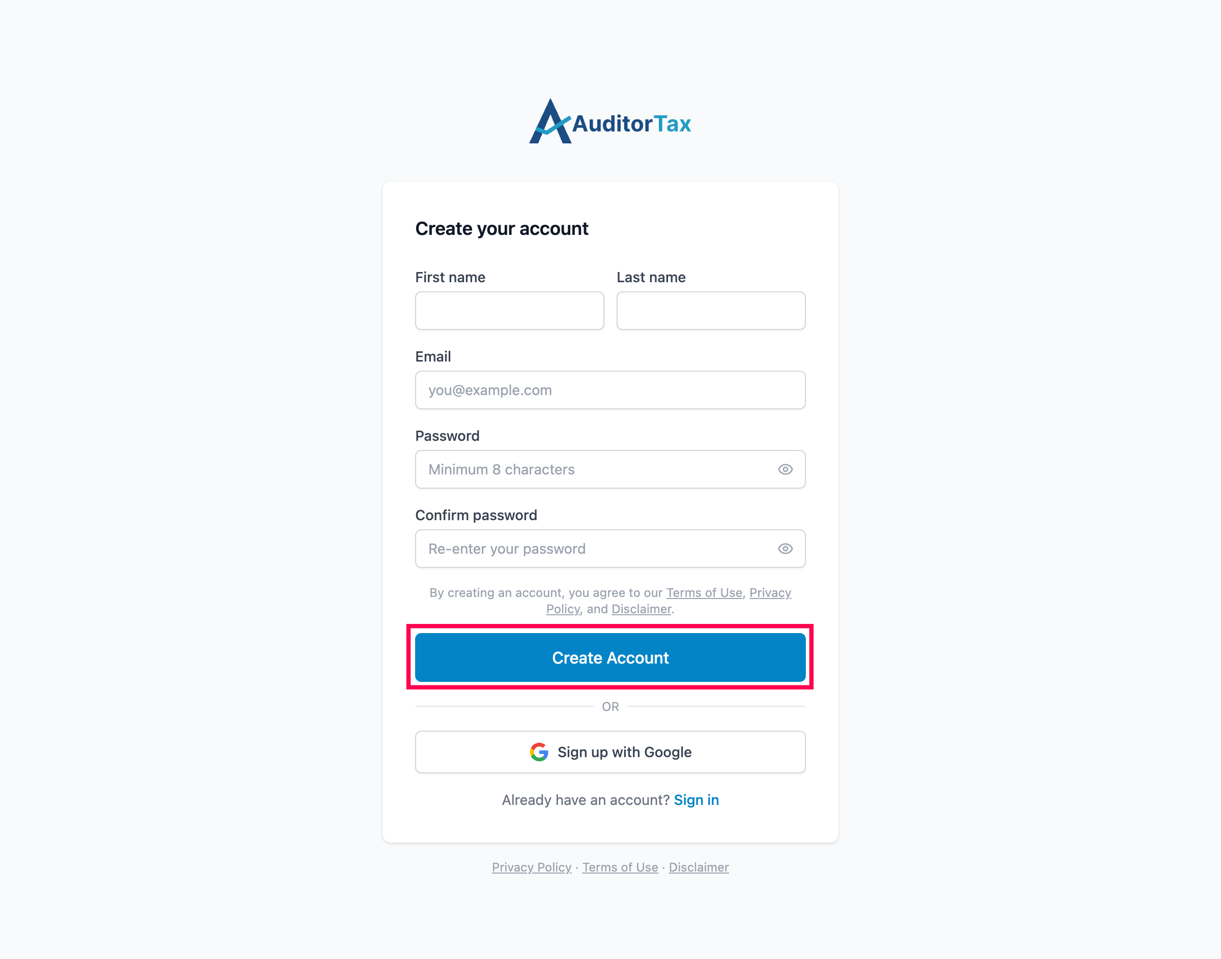 AuditorTax Create your account page, with First name, Last name, Email, Password, and Confirm password fields, and a Create Account button